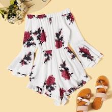 Romwe Floral Print Off The Shoulder Flounce Sleeve Playsuit