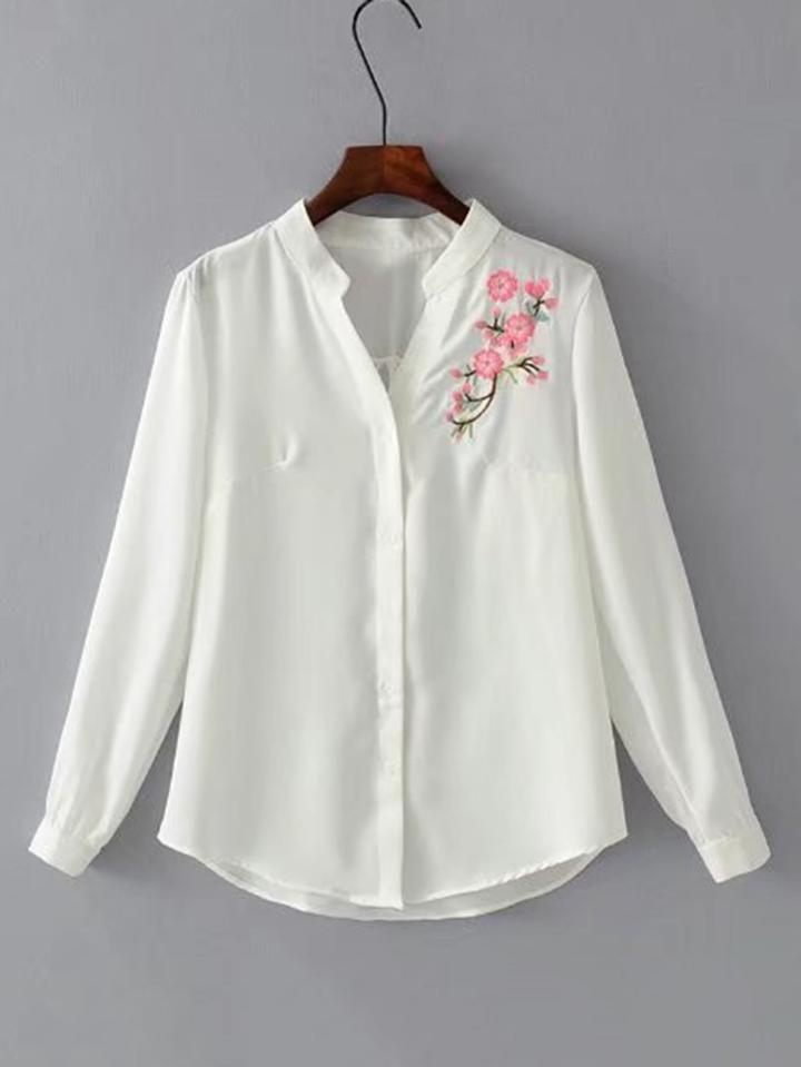 Romwe Embroidered Detail V Cut Blouse