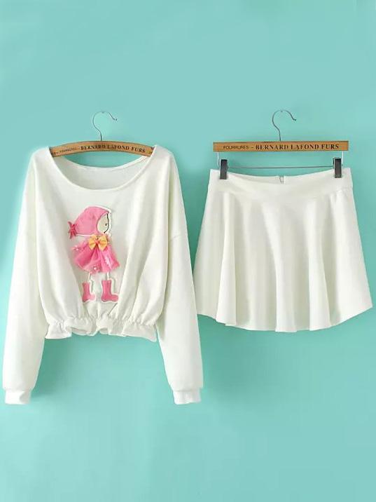 Romwe Long Sleeve Patch Top With White Skirt