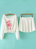 Romwe Long Sleeve Patch Top With White Skirt