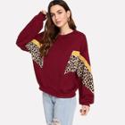 Romwe Drop Shoulder Leopard Panel Sweatshirt