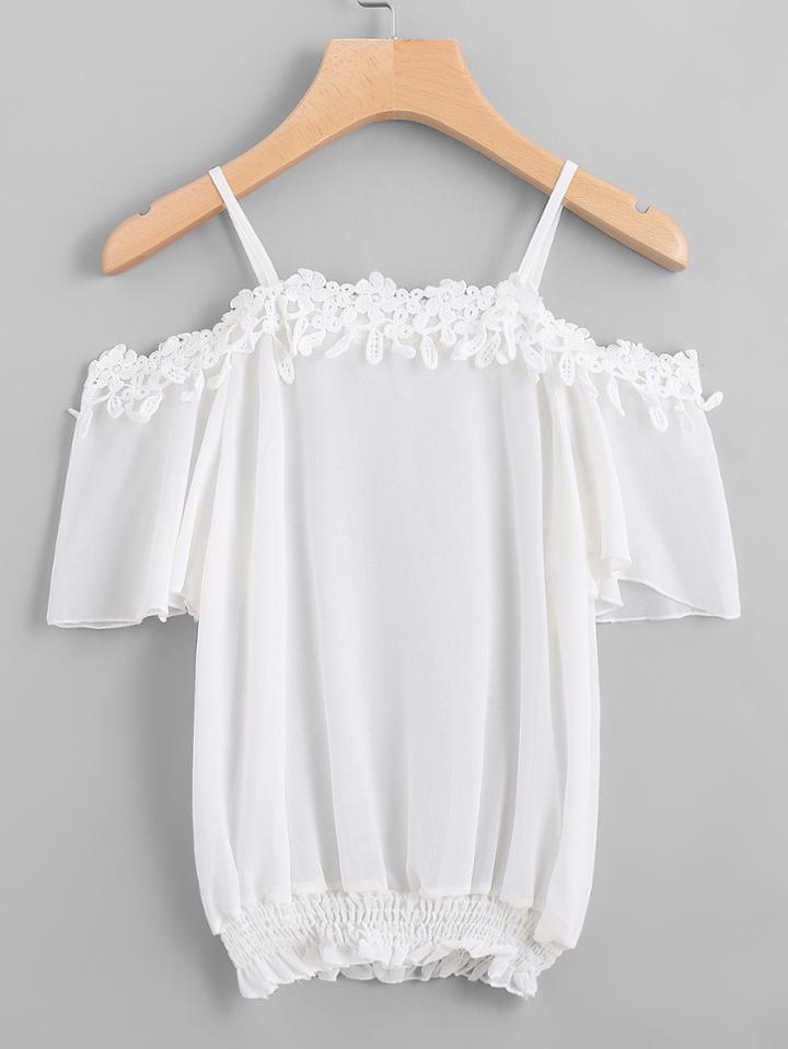 Romwe Open Shoulder Shirred Waist Lace Trim Chiffon Blouse