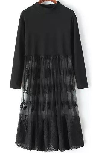 Romwe Stand Collar Sheer Mesh Lace Black Dress