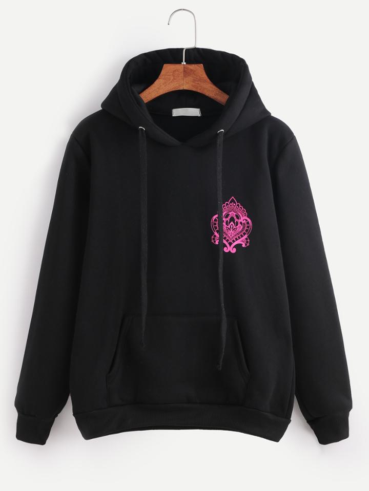 Romwe Black Printed Drawstring Hooded Pocket Sweatshirt
