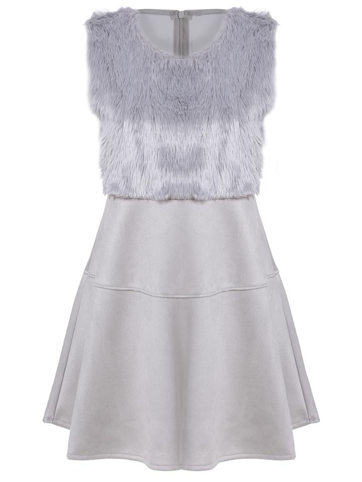 Romwe Sleeveless Faux Fur Insert A-line Dress