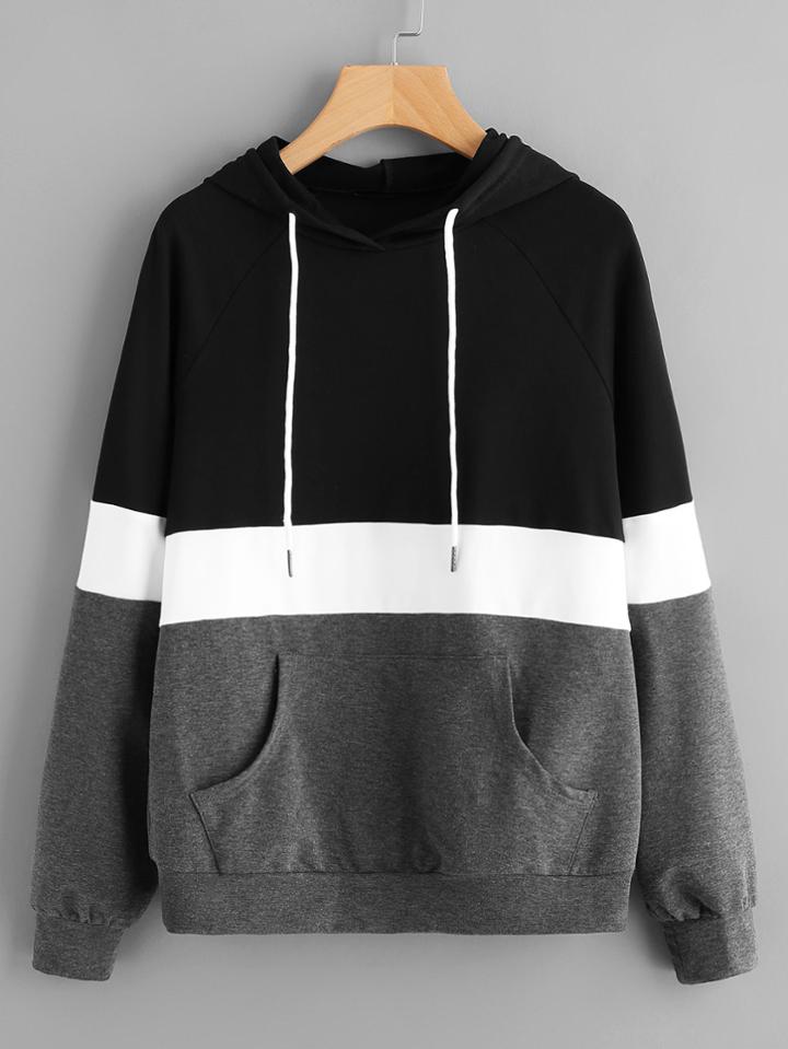Romwe Cut And Sew Raglan Sleeve Pocket Hoodie
