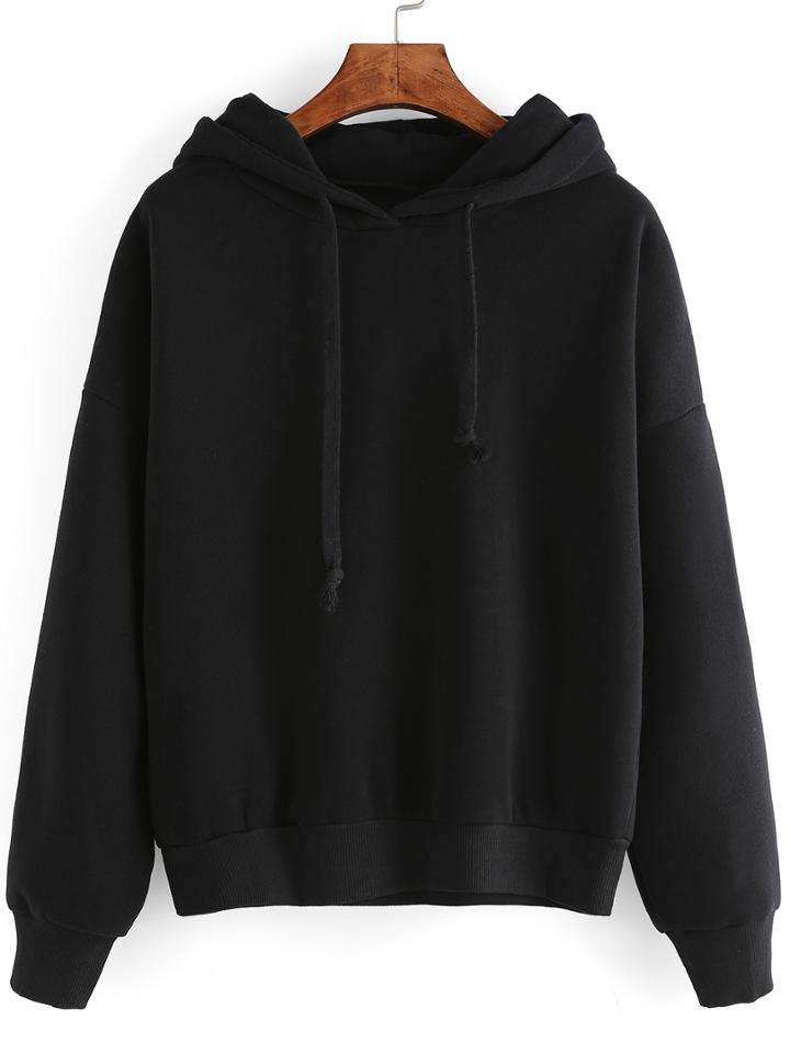 Romwe Black Hooded Long Sleeve Crop Sweatshirt