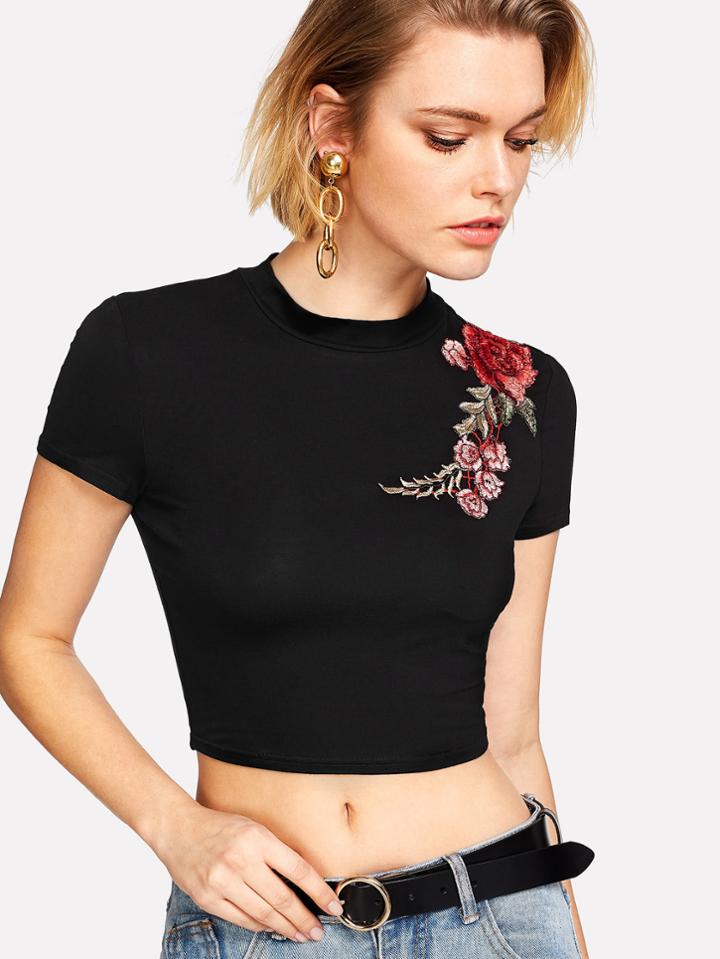 Romwe Flower Applique Crop Tee