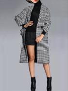 Romwe Lapel Houndstooth Single Button Long Coat