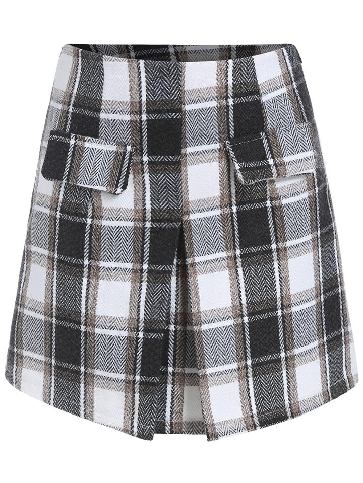 Romwe Plaid Pockets A-line Skirt