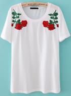 Romwe Rose Embroidered White T-shirt