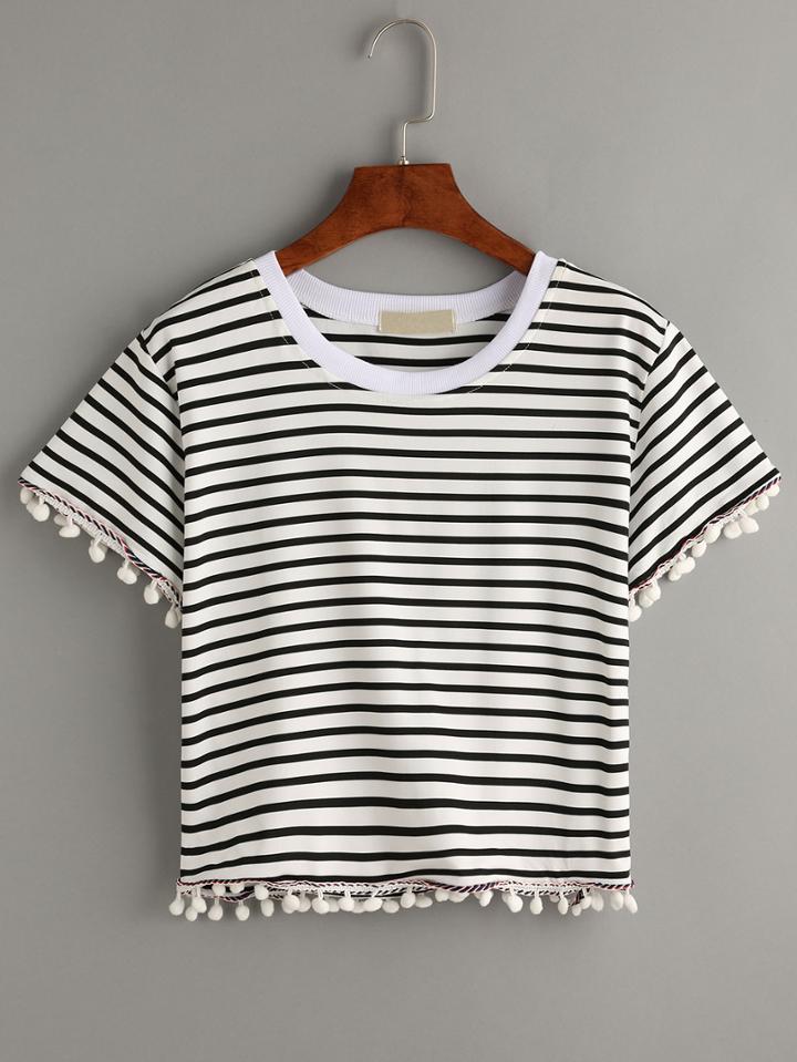 Romwe Black And White Striped Contrast Trim Pom Pom T-shirt