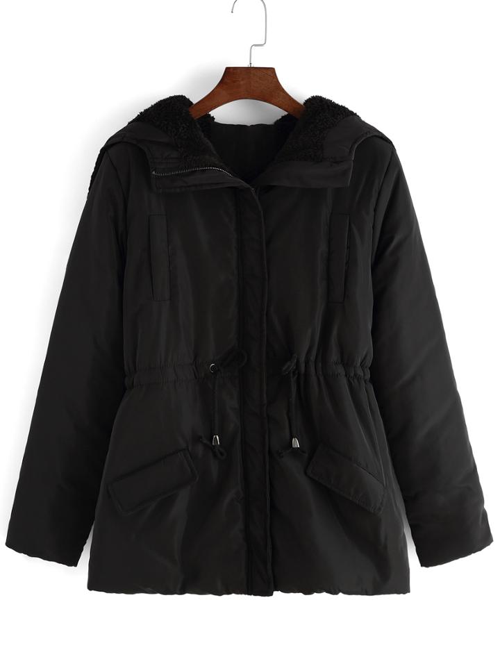 Romwe Lapel Zipper Drawstring Black Coat