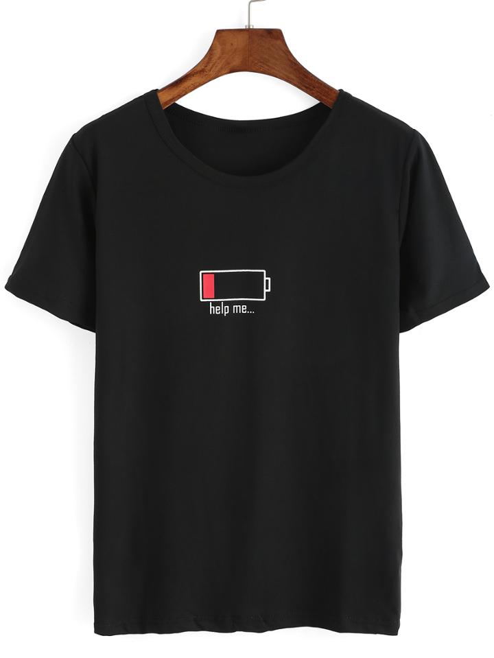 Romwe Battery Print Black T-shirt