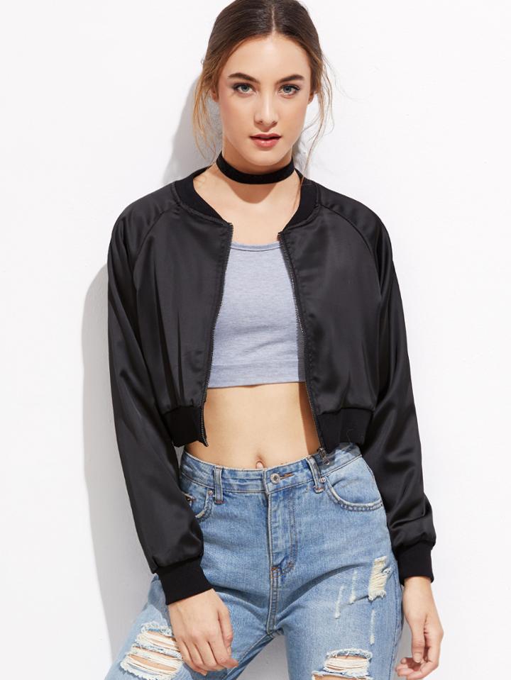 Romwe Black Raglan Sleeve Crop Bomber Jacket