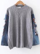 Romwe Grey Cable Knit Sequin Ripped Denim Sleeve Sweater