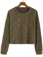 Romwe Ripped Speckled Print Army Green Sweatshirt