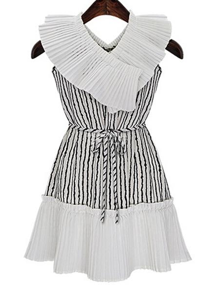 Romwe Contrast Collar Vertical Striped Chiffon Pleated White Dress