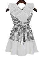 Romwe Contrast Collar Vertical Striped Chiffon Pleated White Dress