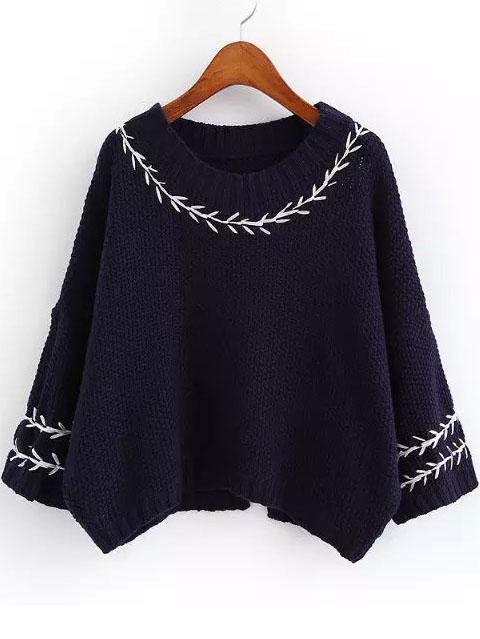 Romwe Bell Sleeve Slit Back Ribbon Navy Sweater