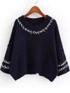 Romwe Bell Sleeve Slit Back Ribbon Navy Sweater