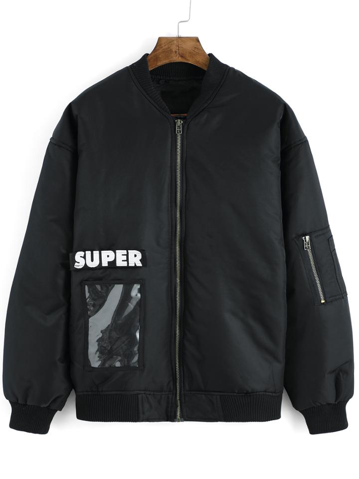 Romwe Letter Print Zipper Black Jacket