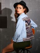 Romwe Blue Embroidered Back Denim Jacket With Coin Fringe Detail