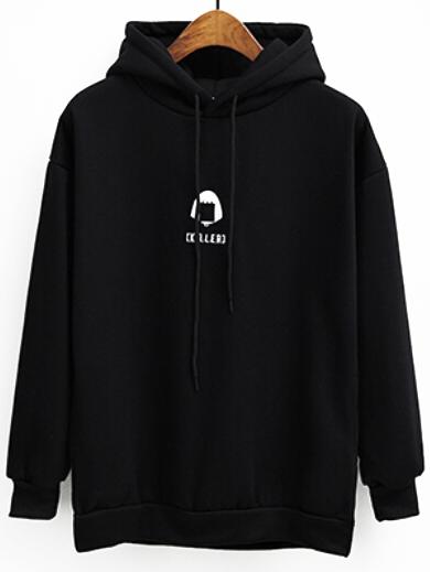 Romwe Hooded Drawstring Letter Embroidered Black Sweatshirt