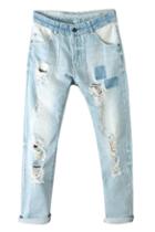 Romwe Romwe Distressed Washed Rolled-up Light-blue Jeans