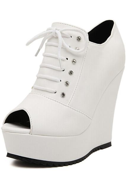 Romwe White Lace Up Peep Toe Wedges Pumps