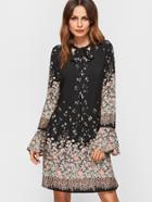 Romwe Floral Print Tie Neck Fluted Sleeve Dress