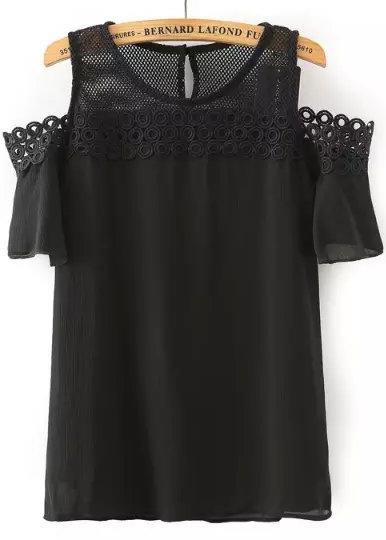 Romwe Lace Insert Open Shoulder Black Top