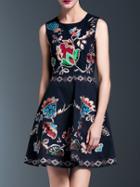 Romwe Navy Sleeveless Embroidered A-line Dress