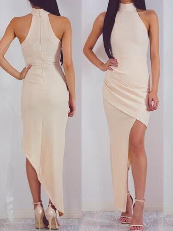 Romwe Apricot Halter Neck Ruched Asymmetric Wrap Dress