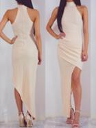 Romwe Apricot Halter Neck Ruched Asymmetric Wrap Dress