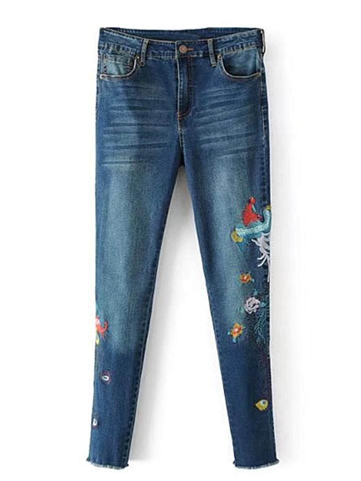 Romwe Embroidered Frayed Hem Jeans