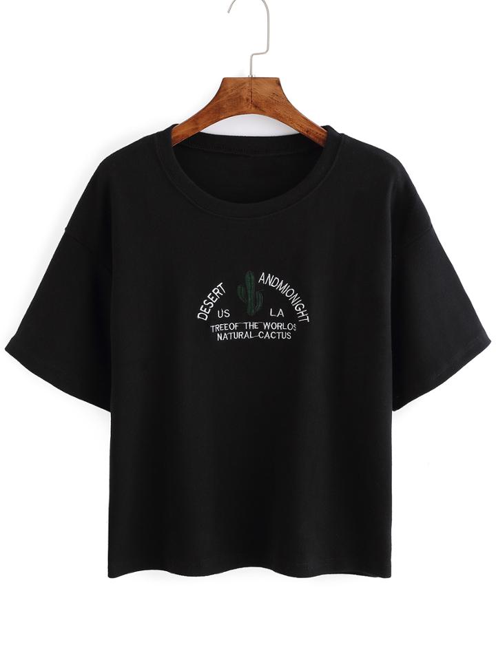 Romwe Cactus Embroidered Black T-shirt