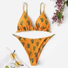 Romwe Random Cactus Print Triangle Top With Cheeky Bikini
