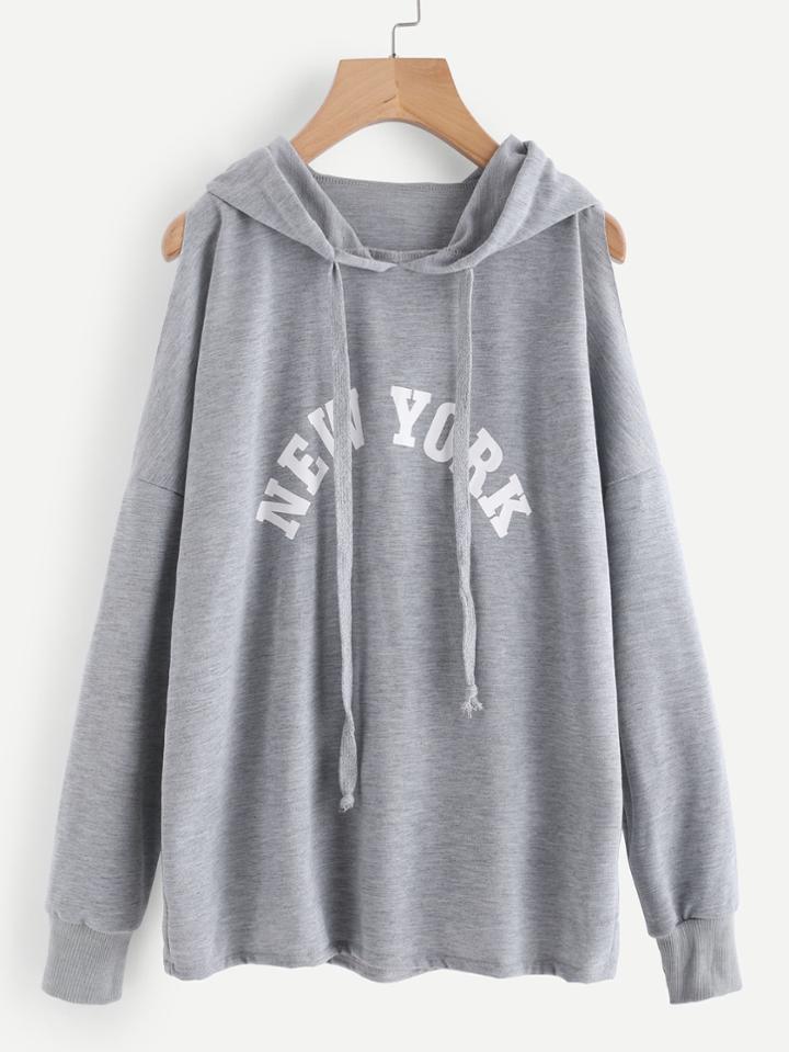 Romwe Open Shoulder Letter Print Hoodie