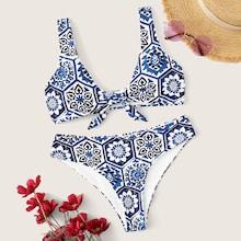 Romwe Mandala Print Knot Front Bikini Set