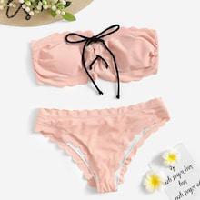 Romwe Scalloped Trim Lace-up Ruched Bandeau Bikini Set