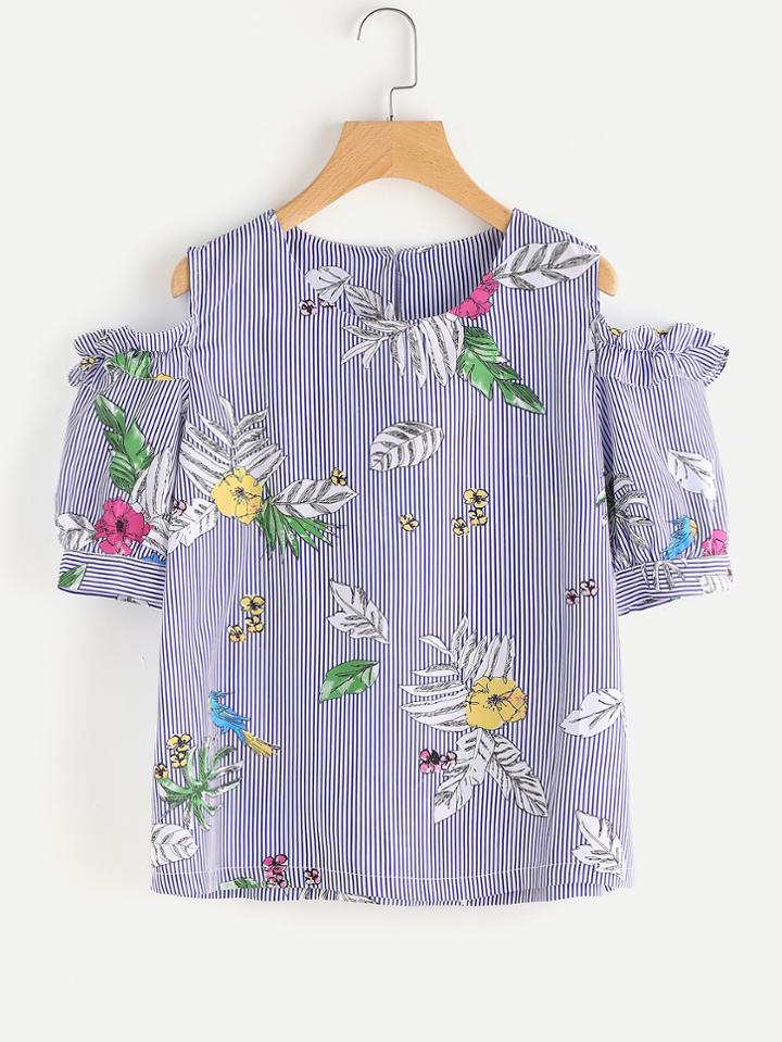 Romwe Open Shoulder Frill Floral Print Stripe Blouse