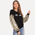 Romwe Contrast Sequin Sleeve Wink Eyes Print Sweatshirt