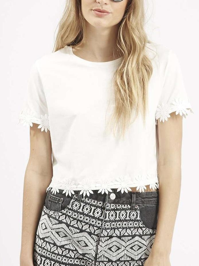 Romwe Flower Lace Trimmed T-shirt