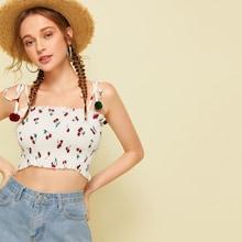 Romwe Fruit Print Shirred Cami Top