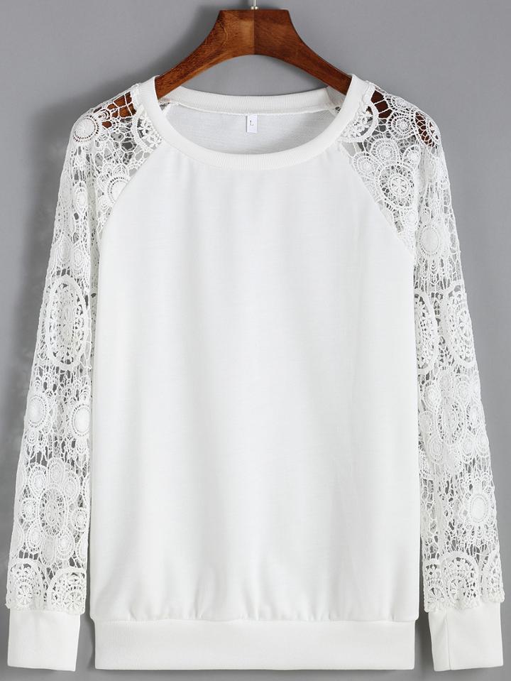 Romwe Lace Long Sleeve Loose Sweatshirt