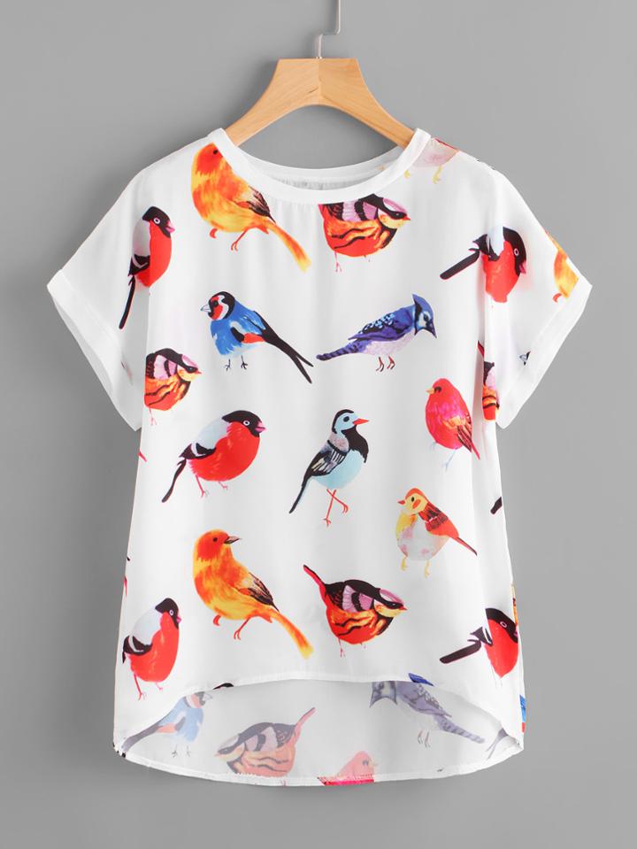 Romwe Bird Print Dip Hem Blouse