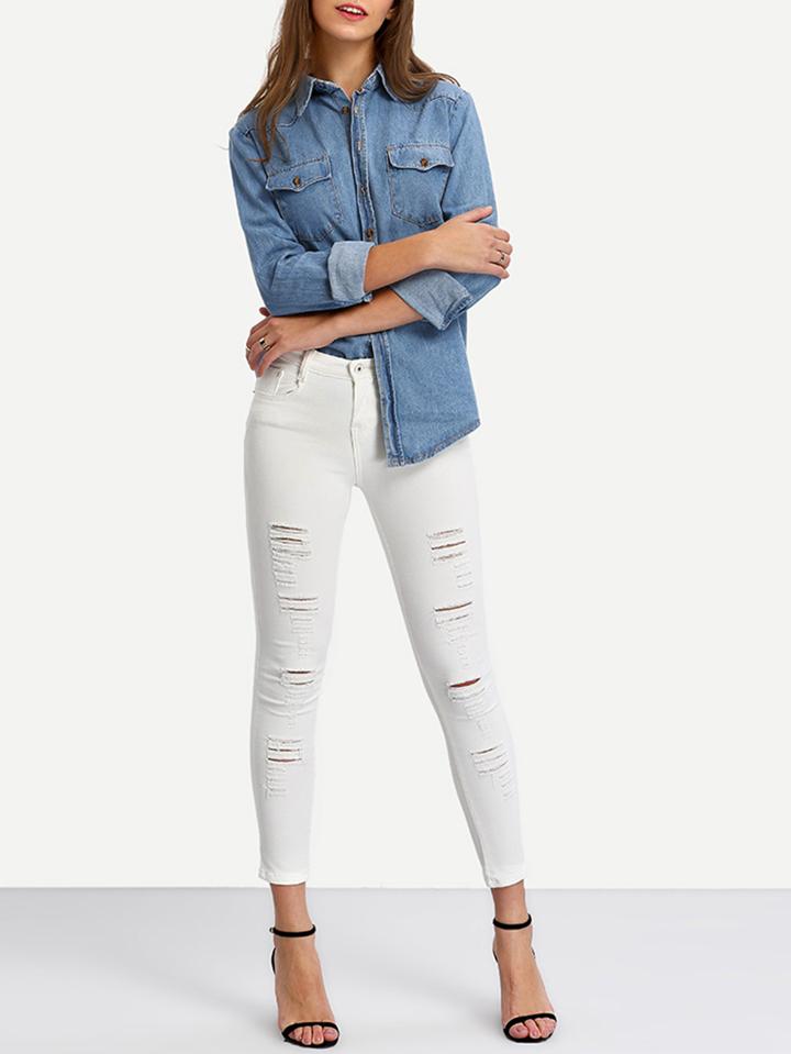 Romwe White Ripped Denim Slim Pant