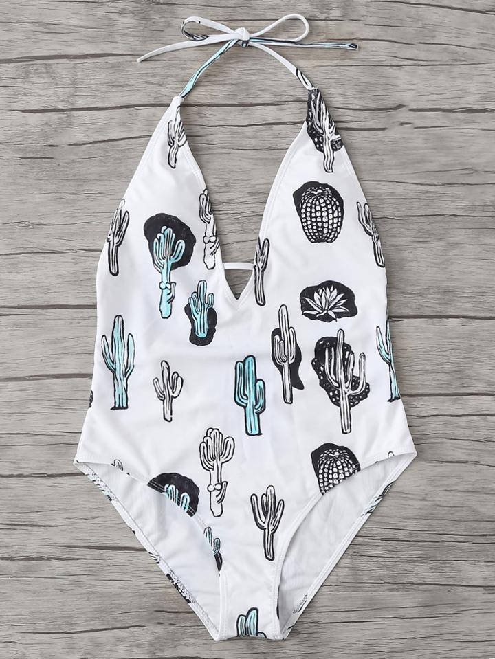 Romwe Cactus Print Swimsuit
