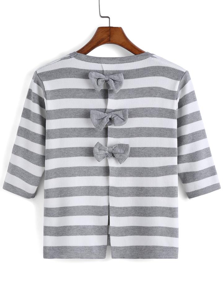 Romwe Striped Bow Slit T-shirt